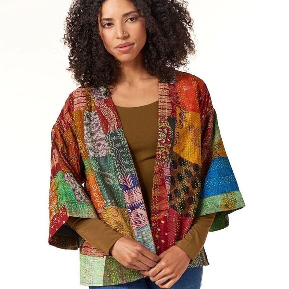 Aratta Silent Journey Women’s Silk Patchwork Oversized Kimono in Rust - Picture 1 of 12